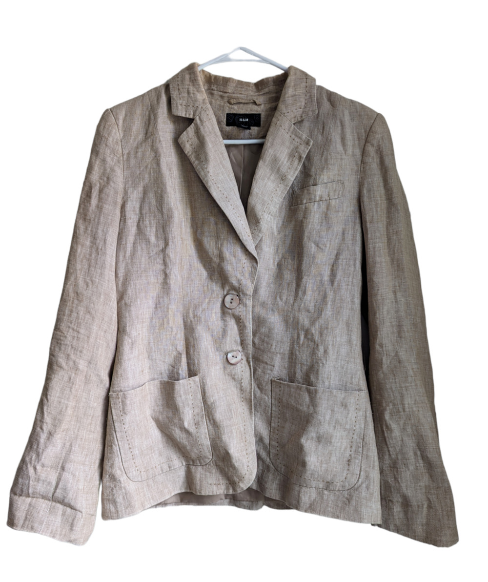 Women’s H&M Linen Beige/Tan Blazer Jacket Collared Long Sleeve Size 6